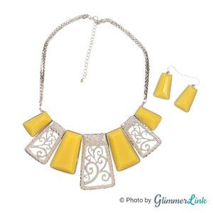 Yellow & Silver Tone Acrylic Filigree Rectangles Statement Necklace & Earrings